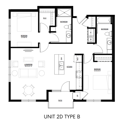 Floor plan for 2 beds, 2 baths, 1064 sqft